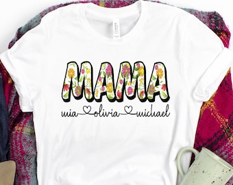 Camiseta floral personalizada para mamá: nombres personalizados para niños, camiseta retro para mamá