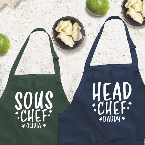 Head Chef Sous Chef Apron, Couple Matching Gift, Wedding Shower Gift, Personalized Kitchen Apron, Custom Cooking Apron, Housewarming Apron