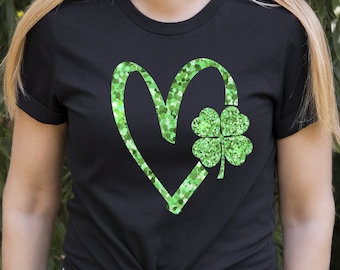 Womens Glitter Shamrock Heart T-Shirt - St. Patrick's Day Tee