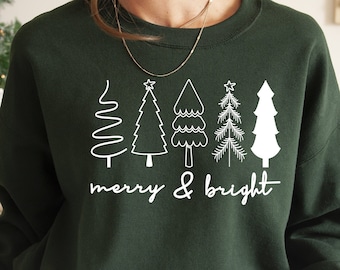 Merry & Bright Christmas Trees Sweatshirt, Christmas Sweatshirt, Christmas Shirt, Holiday Sweater, Womens Holiday Sweatshirt, Winter Shirt