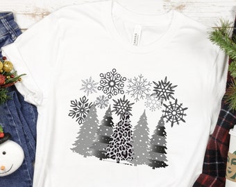 Silver and Black Leopard Christmas Tree, Holiday Shirt for Women, Unisex Long Sleeve T-shirt