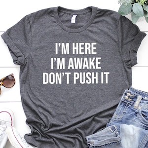 I&#39;m Here I&#39;m Awake Don&#39;t Push It Shirt, Funny Gamer Shirts With Sayings, Funny Birthday Tee Gift, Funny Teen Quotes, Funny Gifts for Friend
