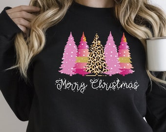 Leopard Print Christmas Tree Sweatshirt: Ladies Merry Christmas Holiday Sweater