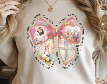 He is Risen Easter Sweatshirt: Coquette Bow, Retro Christian Tee