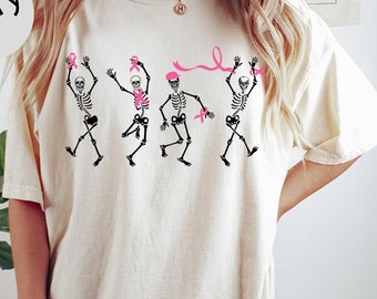 Dancing Skeletons Breast Cancer Awareness Tee: Halloween Ribbon Shirt
