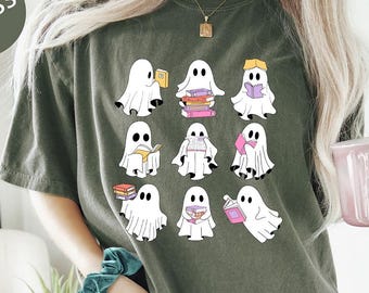 Comfort Colors® Cute Ghost Reading Book Halloween Tshirt, Ghost Reading Book Girly Shirt, Trendy Halloween Gift, Ghost Girly Halloween Tee