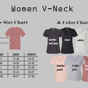 May include: Size chart for a V-neck t-shirt with measurements in inches. The chart shows chest and length measurements for sizes S, M, L, XL, and 2XL. The colour chart shows different colours for the t-shirt, including heather dark grey, black, white, heather navy, heather peach, light grey, and heather mauve.