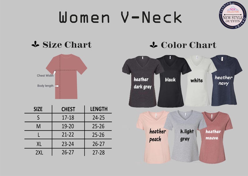 May include: Size chart for a V-neck t-shirt with measurements in inches. The chart shows chest and length measurements for sizes S, M, L, XL, and 2XL. The colour chart shows different colours for the t-shirt, including heather dark grey, black, white, heather navy, heather peach, light grey, and heather mauve.