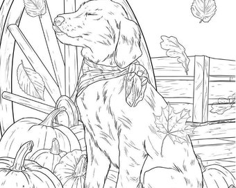 Pumpkins, dogs, and leaves! Perfect! Digital coloring page. Adult coloring for fall.