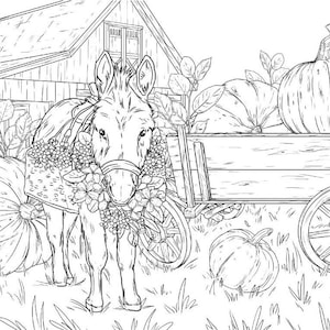 Pumpkins, horses, and leaves! Perfect! Digital coloring page. Adult coloring for fall.