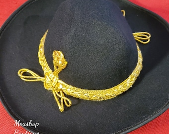 美しいメキシコの手作り刺繍チャロ帽子、カラーブラックシルバー