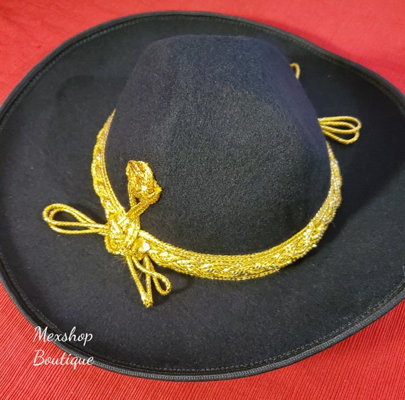 美しいメキシコの手作り刺繍チャロ帽子、カラーブラックゴールド