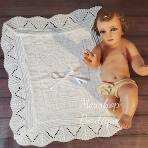 Mooie witte Niño Dios heilige geest deken, gravure van Mi Bautizo letters, baby gehaakte deken Cobija de Niño Dios del Santisimo