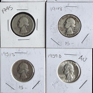 May include: Collection of silver quarter coins from various years, including 1936, 1942, 1945, 1948, 1951, 1959, and 1964. Each coin is displayed in a protective holder with handwritten notations.