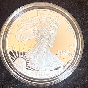 May include: A silver American Eagle coin with a depiction of Lady Liberty walking, holding branches of laurel and oak, with the words "In God We Trust" and "2024" inscribed on the coin.