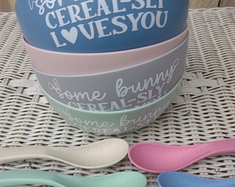 Personalized Easter Cereal Bowl with Spoon: "Some Bunny Loves You"
