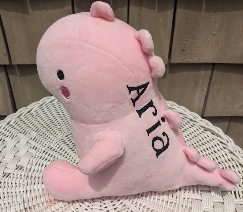 Puede incluir: Un dinosaurio de peluche rosa con el nombre "Aria" bordado en negro en el lateral.