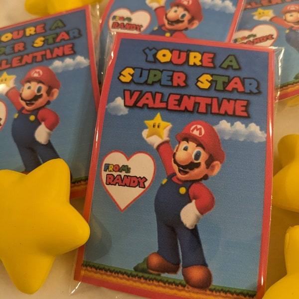 Mario Valentines , Personalized Mario Super Star Valentine Cards with star toy , Toddler Valentines Valentine's for kids, , Super Star