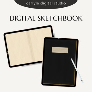 May include: A digital sketchbook app mockup on a tablet with a blank page and a black page with a line for a title. A white stylus is next to the tablet.