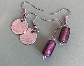 Silver tone and Purple Glass Earrings
