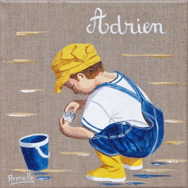 Peinture originale acrylique sur toile de lin 20x20cm. Garçonnet à la plage aux couleurs personnalisables avec ajout du prénom de l'enfant.