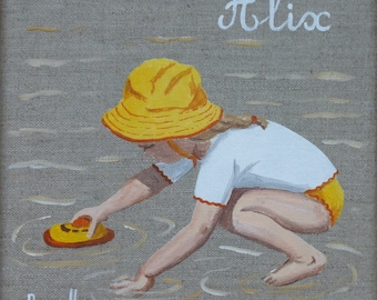 Peinture acrylique sur toile de lin 20x20. Fillette à la plage aux couleurs personnalisables avec ajout du prénom de l'enfant.