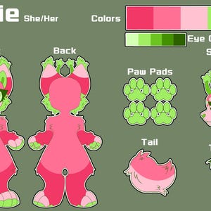 May include: A digital character reference sheet for an Alien Lynx named Callie, featuring front, back, and side views. The character is pink with light green accents, star markings, and large green eyes. Includes color palettes, paw pads, tail, and tongue details.