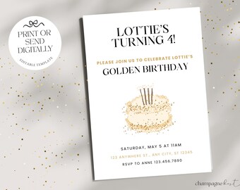Golden Birthday Invitation | Gold Glitter Cake, Canva Template (Digital Download)