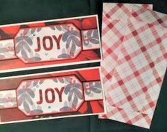 Christmas JOY Slimline Handmade Greeting Card Set with Matching Envelopes, Luxury Plaid Christmas Joy Blank Cards, Handmade Holiday Card