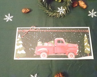 Red Truck Christmas Tree Slimline Handmade Greeting Card, Luxury Farmhouse Red Truck Christmas Blank Cards, Handmade Farmhouse Holiday Card