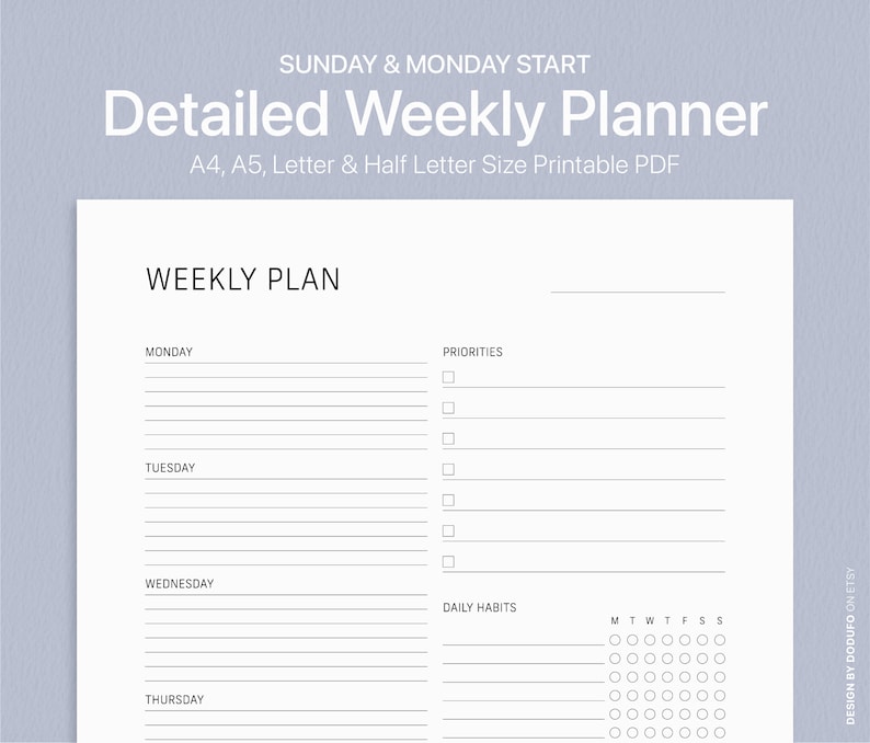 Detailed Weekly Planner Printable PDF Sunday & Monday Start Etsy