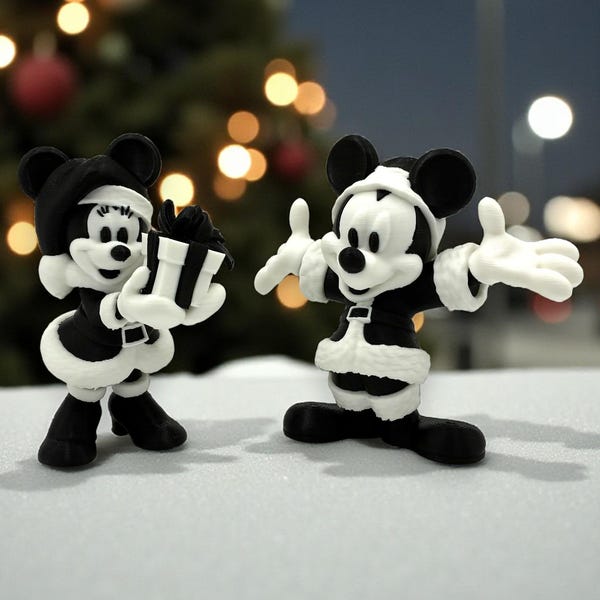 Mickey and Minnie Mouse Santa Claus Decorations Black and White 3d Printed