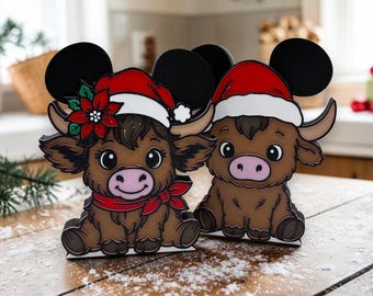 Holiday Highland Cows with Mickey Ears Decorations 3d Printed