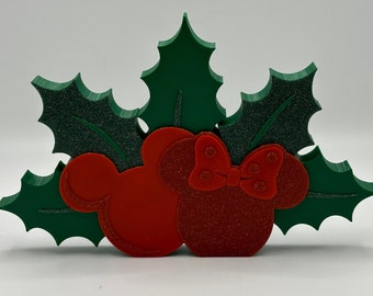 Festive Mickey and Minnie Holly Decoration - 3D Printed Fan Art - 6 inches - Sparkling Colors - Shelf or Tray Decor