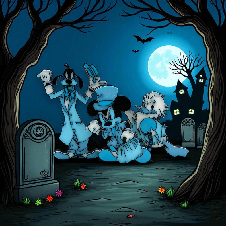 Op de afbeelding: Een Halloween-illustratie met Mickey Mouse, Goofy en Donald Duck in spookachtig blauw. De sc&egrave;ne bevat een volle maan, een spookhuis, grafstenen en vleermuizen, wat een griezelige sfeer cre&euml;ert.