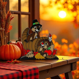 May include: A Thanksgiving-themed decoration featuring two cartoon chipmunks. One chipmunk wears a pilgrim hat and sits atop a cornucopia. The other chipmunk is adorned with a feather and an apple. The scene is set on a wooden table with pumpkins.