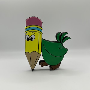 May include: A yellow pencil with a pink eraser and green bird-like body. The pencil is looking down at the ground.