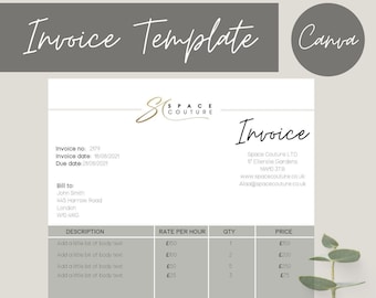 May include: A gray and white invoice template with the text "Invoice Template" at the top and the text "Space Couture" in a gold and black logo. The invoice includes a description of services, rate per hour, quantity, and price. The invoice also includes bank details and terms and conditions.