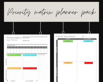 May include: A printable priority matrix planner pack with two pages. The first page is a daily planner with a grid for scheduling tasks and a section for notes and ideas. The second page is a task planner with a grid for prioritizing tasks based on urgency and importance. The text on the image reads "Priority matrix planner pack".