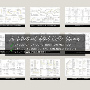 May include: A collection of architectural detail CAD drawings for loft conversions, masonry, timber framing, material transitions, hidden gutter details, and rooflights. The drawings are based on UK construction methods and can be adjusted and amended to suit your own projects.