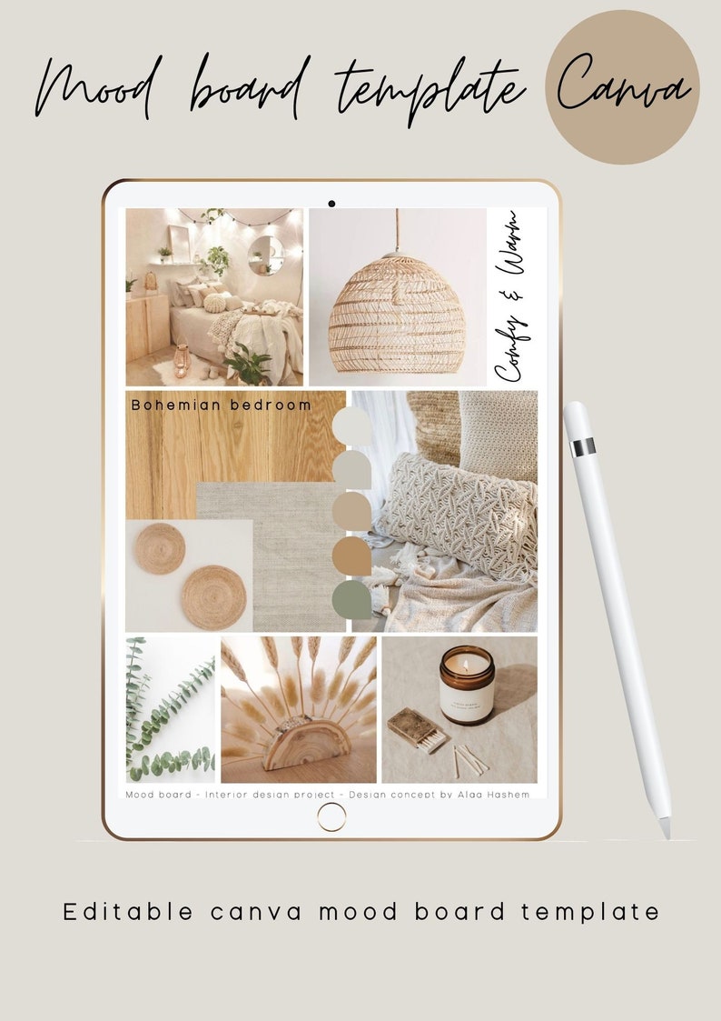 May include: A digital mood board on a tablet screen with a bohemian bedroom design theme. The board includes images of a bedroom, a woven pendant light, a throw blanket, a wooden tray, a candle, and a eucalyptus branch. The text "Comfy & Warm" is written on the side of the board. The text "Bohemian bedroom" is written at the top of the board. The text "Mood board - Interior design project - Design concept by Alda Hashem" is written at the bottom of the board.