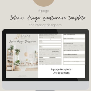 May include: A digital interior design questionnaire template on a computer screen. The template is for interior designers and includes fields for client information and design preferences. The document is a 6-page A4 template.