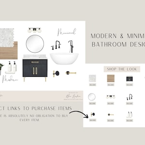 Diseño de interiores en línea/Servicio de diseño/e-diseño/Diseño de interiores/Diseño virtual/Moderno/Baño minimalista/Moodboard/ShopTheLook/Descarga instantánea