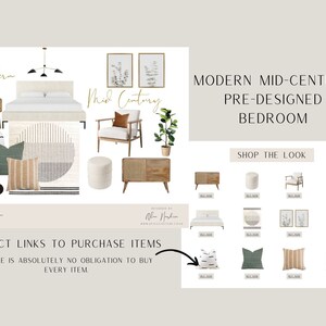 Diseño de interiores en línea/Servicio de diseño/e-diseño/Diseño de interiores/Diseño virtual/Moderno/Dormitorio de mediados de siglo/Moodboard/Descarga instantánea