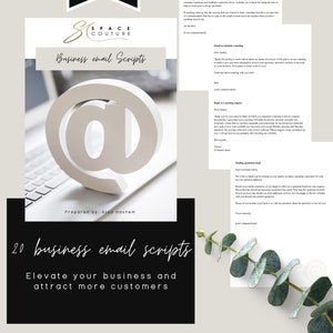 Op de afbeelding: Een digitale marketingbron met de tekst "20 business email scripts" en "Elevate your business and attract more customers" in zwart op een witte achtergrond. De afbeelding bevat ook een wit @-symbool op een laptoptoetsenbord en de tekst "Edit in Canva" in zwart op een witte achtergrond.