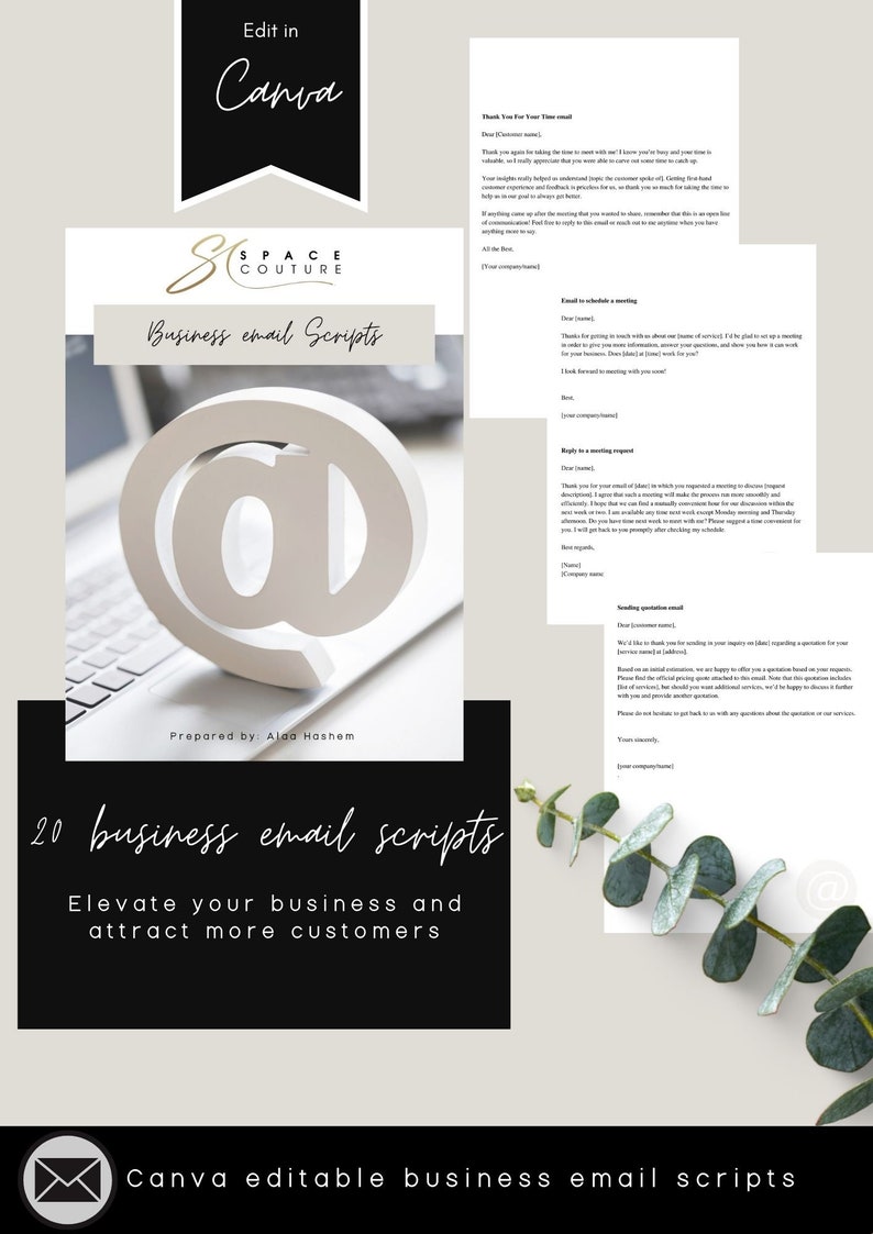 May include: A digital marketing resource with the text "20 business email scripts" and "Elevate your business and attract more customers" in black text on a white background. The image also includes a white at symbol on a laptop keyboard and the text "Edit in Canva" in black text on a white background.