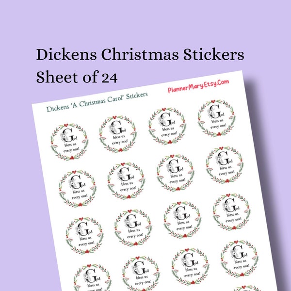 Dickens Christmas Round Stickers: Scrooge A Christmas Carol God Bless Us Every One Hand-Illustrated Envelope Seals Card And Gift Decorations