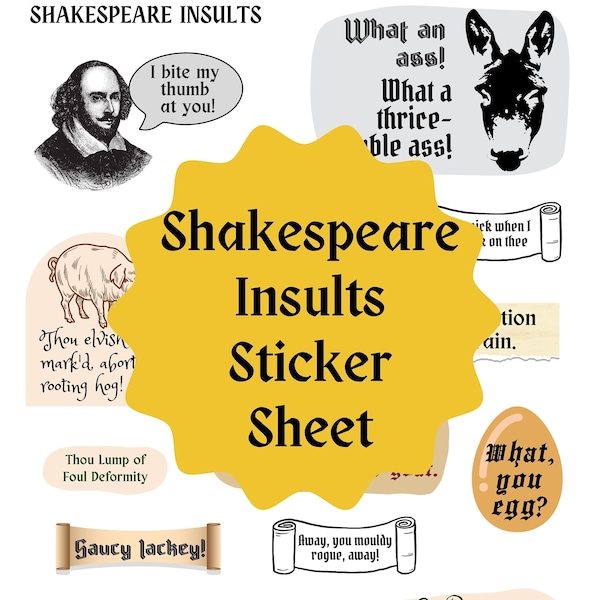 Shakespeare Insults Sticker Sheet: Indoor-Outdoor Vinyl Funny Dark Academia Literary Planner Stickers For Journal, Laptop, Water Bottle, Car