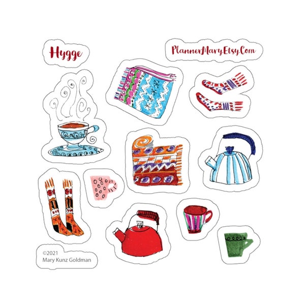 Hygge Sticker Pack, Hand Drawn Unique Cozy Cottagecore Fall Winter Stickers For Planner, Journal, Cards. Cute Blankets Stockings Tea Kettles