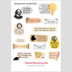 Shakespeare Sticker Sheet: Inspiration Motivation From Shakespeare Plays, Cute Funny Illustrated Stickers Planner Journal Laptop Car Decals